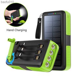 20000mAh Solar Power Bank with 3 Cable Hand Crank Charger Powerbank for iPhone 13 Samsung S22 Xiaomi Poverbank with Flashlight L230619