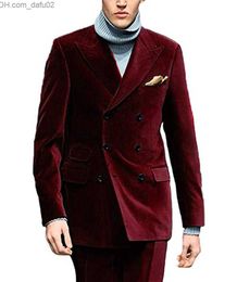 Men's Tracksuits Red and green velvet men's suit double breasted flat top lapel Tailcoat suit super slim fit 2PCS Groom Blazer Trousers Terno Masuclino Z230724