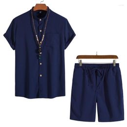 Men's Tracksuits Casual Loose Suit Chinoiserie Retro Stand Collar Short Sleeve Shirt Solid Colour Beach Shorts Two-piece Set