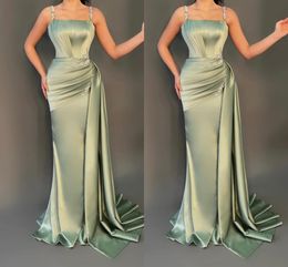 Elegant Mint Sheath Evening Dresses for Women Spaghetti Straps Satin Sweep Train Beaded Crystals Formal Ocns Birthday Celebrity Pageant Party Prom Gowns