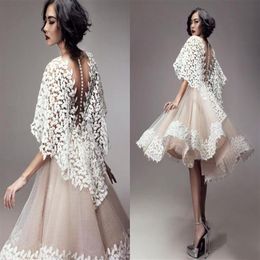 2020 New Short Evening Dresses Wrapped Lace Shawl A Line Organza Champagne See Through Backless Cocktail Party Gowns 288c