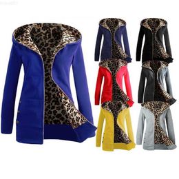 Women's Jackets Women Jacket Thicker Hooded Sweatshirt Leopard Zipper Coat Women Plus Velvet Overcoat Outwear Women's Autumn Jacket L230724