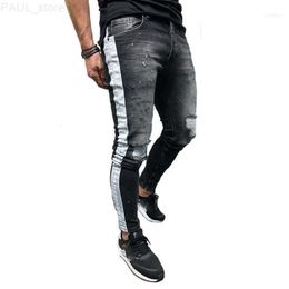 Men's Jeans Ripped Striped For Men Stretch Slim Fit Skinny Denim Pants Hip Hop Style Trousers11 L230724