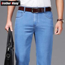 Men's Jeans 2023 Summer New Men's Light Blue Stretch Straight-Leg Jeans Business Fashion High Waist Loose Denim Pants Male Brand Trousers L230724