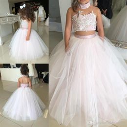 Lovely Kids Two Pieces Flower Girl Dresses Princess A Line Halter Neck Backless Girls Toddler Formal Party Wear Gowns Birthday Pag2844