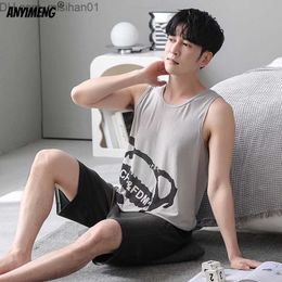 Men's Sleepwear L-5XL Summer Men's Vest Pajamas Men's Sleeveless Cool Model Evening Dress Pajamas South Korea Minimalism Casual Men's Long Sleeve Pajamas Z230725