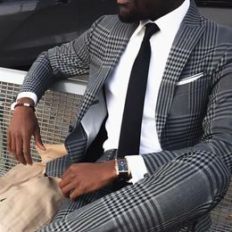 Grey Mens Vintage Plaid Suits British Style Slim Notch Lapel Groom Party Tuxedo Wedding Tuxedos For Men Formal Prom Suit Jacket P276K