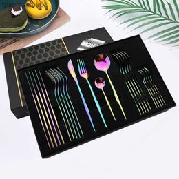 24Pcs Stainless Steel Rainbow Tableware Cutlery Set Dinnerware Set Knives Forks Spoons Western Kitchen Flatware Hotel Gift Box L230704