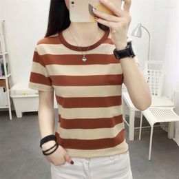 Women's T Shirts Show Thin Cotton Short Sleeve T-shirt Summer Wear Loose Stomach V-neck Shirt Stripe Jacket