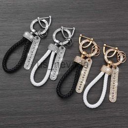 Keychains Lanyards Crystal Antilost Luxury Leather Keychain Women Men Buckle Car Key Ring Chain Holder Phone Number Tag Keyfob Jewellery J230724