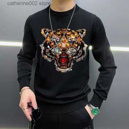 Men's Sweaters 2021 New Men's Sweater Autumn And Winter Luxury Knitted Pullover Fashion Tiger Couple O-Neck Rhinestone Warm Top T230724