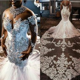Sheer Long Sleeves Mermaid Wedding Dresses 2022 Lace Applique Beaded Crystals Wedding Bridal Gowns Custom Made253O