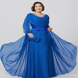 Royal Blue Chiffon Mother Of The Bride Dresses Jewel Neck Long Sleeve Plus Size Evening Dress Floor Length Formal Party Gowns253g