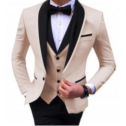 Fashion One Button Champagne Groom Tuxedos Shawl Lapel Wedding Prom Dinner Groomsmen Men Suits Blazer Jacket Pants Vest Tie W143225C