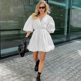 Casual Dresses Fashion Lantern Sleeve Women 2023 Short V-Neck Sexy White Dress Summer Elegant Pleated A-Line Female
