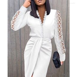 Casual Dresses Narrow Waist Sheath Shirt Dress Solid Colour Autumn V-neck Bodycon Women Lace Long Sleeve Business