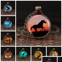 Pendant Necklaces Men Cool Elephant Horse Shark Wolf Necklace Women Fashion Choker Wild Animal Glass Cabochon Jewelry Gift Drop Delive Dhkb9