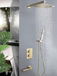 Thermostatic Bathroom Shower Faucet In Wall Brushed Gold Bath and Shower Faucet Set Thermostatic Mixer Bath and Rainfall Shower