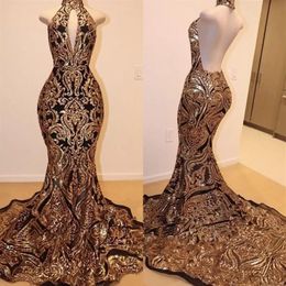 2022 Gorgeous Gold and Black Sparkly Prom Dresses Hign Neck Backless Sweep Train African Sexy Trumpet Occasion Evening Wear Gowns 2942