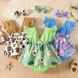 Infant Baby Girl Flying Sleeve Romper + Bow Headband Avocado / Leopard / Fish Scale Print Elastic Waist Summer Clothing L230712