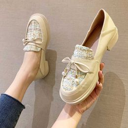 Dress Shoes knitted fabric leather patchwork oxford shoes woman bowtie pearl decoration brogues slip on loafers women mules big size 43 44 L230724