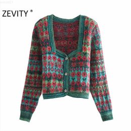 Women's Jackets Zevity Women Vintage Square Collar Contrast Color Flower Print Knitting Sweater Female Long Sleeve Chic Cardigans Coat Tops S540 L230724