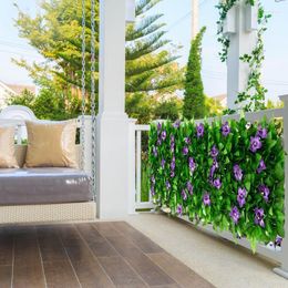 Decorative Flowers Artificial Garden Fence With Violet Flower Screen For Outdoor Balcony Decoration Fake Wreath And Hedge Leaf