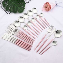 24Pcs/Set Stainless Steel Matte Pink Gold Dinnerware Cutlery Set Steak Knife Fork Spoon Tableware Set Household Kitchen Flatware L230704