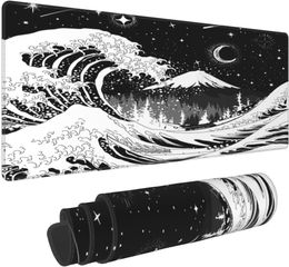 Black and White Japanese Ocean Wave Moon Pad Non Slip Rubber Base Mouse Pad Sewn Edge Table Pad Extended Mouse Pad 31.5X11.8 In