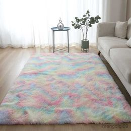 Carpets New Rainbow Colors Carpets Tie Dyeing Plush Soft Carpets For Bedroom Living Room Anti-slip Floor Mats Kids Room Carpet Rugs R230725