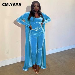 Women's Jackets CM.YAYA Women Set Solid Velvet Long Coats + Hollow Out Jumpsuits Two 2 Piece Sets Fashion Casualwear Outfit Autumn Tracksuit L230724