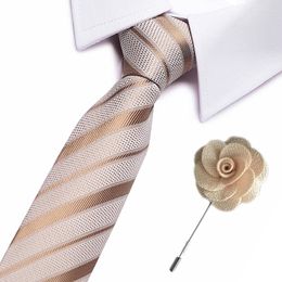 Bow Ties Brand Gold Striped Tie For Men Silk Necktie Designer Fashion 7.5cm And Brooch Wedding Party