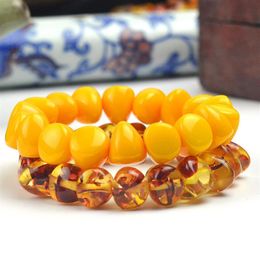 Fashion Chinese 15 13mm Yellow Beeswax Beads amber Elastic Bracelet Men Women Mala Meditation Jewelry luck gifts New2194