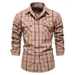 Men's T Shirts Plaid Cotton Chequered Long Sleeve Double Pockets For Men Fashion Social Business