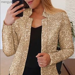 Women's Jackets Cutubly Women's Club Gold Sequins Color Matching Jackets Clothes Night Rave Bar Coat Short 2023 New Casual Blazer Outerwear T230724