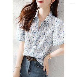 Women's Blouses V-neck Short-sleeved Top High-end Summer Korean Version Fashion Print Contrast Color Collar Lace T-shirt