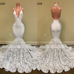 White Mermaid Style Prom Dresses Long 2022 Sexy Halter Backless Sparkly Sequin African Black Girl Formal Party Evening Gown282n