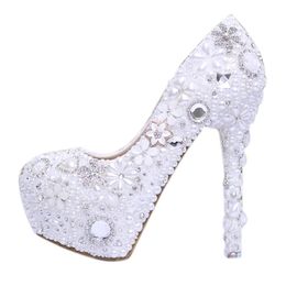 Fashion Luxurious Pearls Crystals White Wedding Shoes Size High Heels Bridal Shoes Party Prom Women Shoes 292n