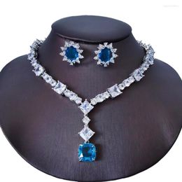Necklace Earrings Set 2023 Fashion Retro Luxury Square Blue Zircon Bride Wedding Dress Banquet Earring Jewelry