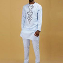 Men's Tracksuits Fashion Two-Piece Suit Elegant Round Neck Embroidery Long Sleeve Solid Colour Shirt Dashiki African Dress..