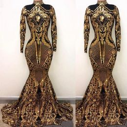 2021 Bling Luxury Long Sleeves Prom Dresses Mermaid High Neck Holidays Graduation Wear Black Gold Sequins Evening Party Gowns Cust195J