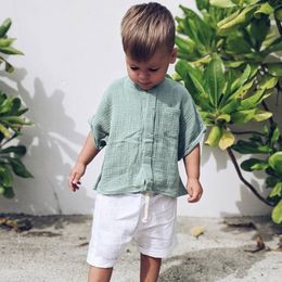 Clothing Sets 100 Cotton Muslin Boys T shirt Summer Children s Casual Loose Short Sleeve Pocket Tops TZ057 230724