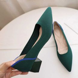 Dress Shoes 2023 Colour Match Pointed Toe Stretch Fabric Pumps Slip On Rubber Sole Med Block High Heels Loafers Women Mesh Shallow Sock Shoes L230724
