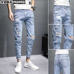 Men's Jeans New Fashion Brand High Quality Stretch Knee Ripped Slim Jeans Men Slim Hip Hop Swag Elastic Pants Boy Ripped Male Trousers L230724