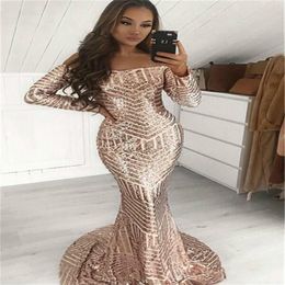 Sparkly Bling Sequins Evening Dresses Long Sleeve Champagne Off Shoulder Mermaid Long Party Dresses For Girls Fitted Formal Dress334m