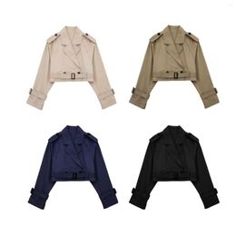 Women's Trench Coats Women Fashion Short Double Breasted Coat Lapel Neck With Belt Casual Streetwear Female