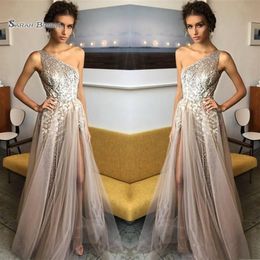 2019 One Shoulder A-line Sequined Prom Dresses Tulle Evening Wear In s High-end Occasion Dress294T