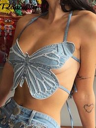 Women's Tanks Camis Rapcopter y2k Butterfly Jeans Crop Top Backless Strap Sexy Blue Cute Party Sweat Beach Holiday Mini Vest Summer Tee 230724