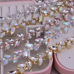 Wedding Sashes Colourful Leaves Shape Crystal Rose Gold silver gold AB Rhinestones Trim Metal Chain Ribbon For Dress Bag Shoes A267T