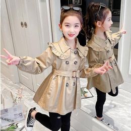 Jackets Girls Spring And Autumn Korean Windbreaker Fashion Belt Double-breasted 2023 Children's Coat Little Girl Casual Clothes 7